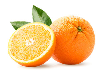 Ripe orange with half and leaves on a white background. Isolated