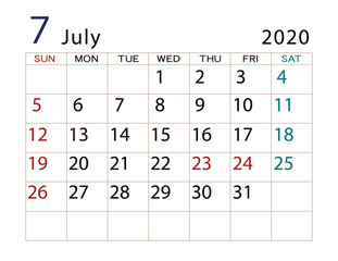 2020年カレンダー　7月