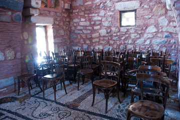 Ancient Mantineia, Tripoli, Greece 2019: The Christian temple of Saint Fotini has an original and unique architectural style.