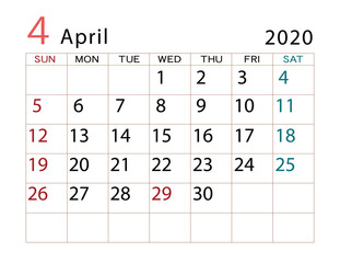 2020年カレンダー　4月