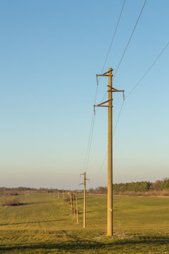Selective focus. A line of electric poles with cables of electricity in a field with a forest in background in autumn during sunset.