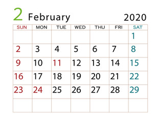 2020年カレンダー　2月