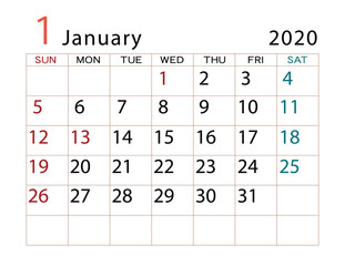 2020年カレンダー　1月