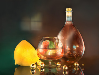 3d render illustration of lemon lime half cognac glass bottle and gold balls art still life in dark...