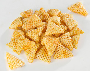 3d Triangle shape Fryums Papad is a crunchy Snack Pellets, tri angle corn puff snacks or namkeen - obrazy, fototapety, plakaty