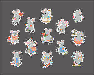 Stickers set of cute mouse character doing different activities, funny rat - symbol of 2020 year- in it's daily routine and holidays situations. Vector clip art isolated on a dark background.