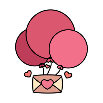 envelope with helium balloons in white background, valentines day card