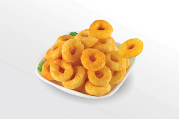 Pile of crispy Masala Corn ring, Cream & Chilli snack (Fryums - Frymus) in white dish isolated on white background, Sweet brekfast cereal rings - Image