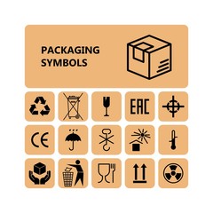 Packaging flat vector symbols. Signs on the package
