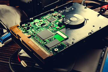 Hard disk. Computer hard drive. Chips and PC components. Storage data and information recovery.