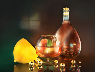 3d render illustration of lemon lime half cognac glass bottle and gold balls art still life in dark...