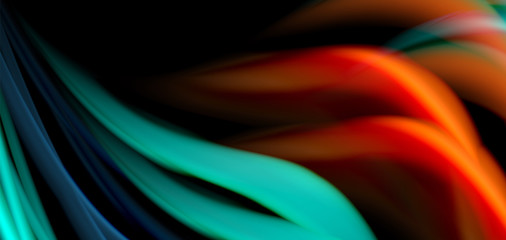 Abstract silk smooth lines on black, multicolored liquid fluid rainbow style waves on black