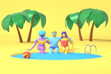 3D rendering cartoon characters a guy and two girls with blue, pink, purple skin are sitting by the pool on a background of palm trees. Minimal promenade concept. Bright multi-colored illustration.