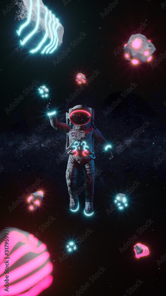 Wall mural astronaut with neon lights asteroids in space. space background. retro dance party. 3d illustration