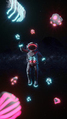Astronaut With Neon Lights Asteroids In Space. Space Background. Retro Dance Party. 3d Illustration