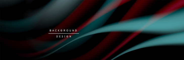 Сolorful flow poster. Wave liquid lines and shapes in black color background. Vector Illustration