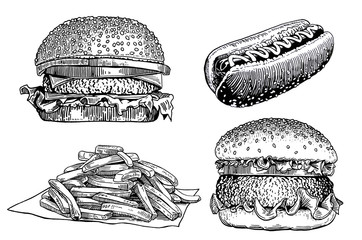 Graphical hand-drawn set of fast food isolated on white background,jpg illustration