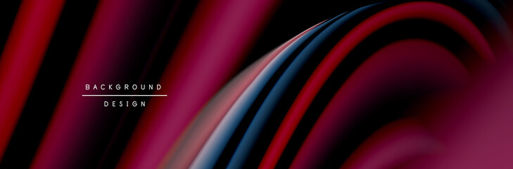 Сolorful flow poster. Wave liquid lines and shapes in black color background. Vector Illustration