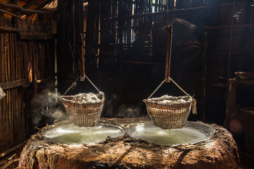 Production of mountainous ,Salt (Sin-tao salt) Ancient salt making from underground water at Bo Kluea district, Nan Province, Thailand.