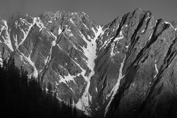 Mountain peak in the snow, Altai mountains, black and white landscape