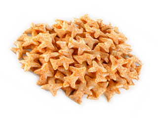 Fried and Spicy Aero Plane Snacks or Fryums (Snacks Pellets) served in a bowl or White background. selective focus - Image