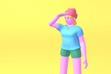 3D rendering cartoon character young hipster girl in a red hat and blue t-shirt holding his hand looking into the distance on a yellow background. Minimal search concept, gather news. 