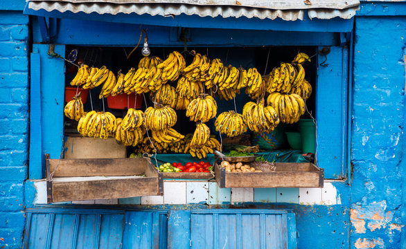 Traditional fruit shop with bananas at Lalana Ramboatiana in Antananarivo, Madagascar