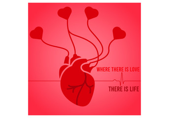 Where there is love, there is life. Love in heart veins. Valentines Day Minimal Poster Vector Illustration 