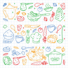Pattern with gastronomy icons, vector cuisine and fast food cafe bright background for menu, receipts. Colorful, pictures on a sheet of checkered paper on a white background.