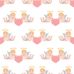Seamless pattern two cupids holding a heart on a white background. Cartoon. Vector image