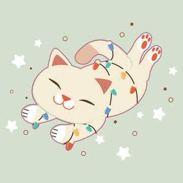 The character of cute cat with light bulb sleepping on the green background with star. The character of cute cat look happy with light bulb. The character of cute cat in flat vector style.