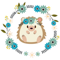 The character of cute hedgehog sitting on the ground and flower ring. The cute hedgehog wear flower crown and flower ring. The character of cute hedgehog in flat vector style.