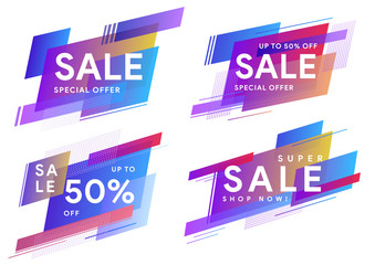 Set of colored stickers and sale banners. Trendy minimal design as template for cover, presentation, banner. Template for horizontal text. Flat geometric liquid shapes. Vector illustration eps 10
