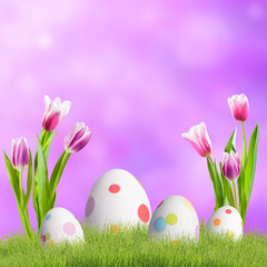 Flowers and easter eggs in grass