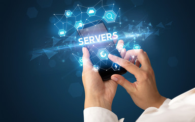 Female hand holding smartphone with SERVERS inscription, modern technology concept