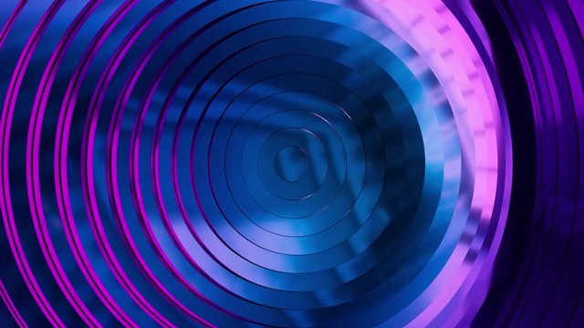 Abstract pattern of circles with the effect of displacement. Modern ultraviolet blue purple neon light. Clean rings animation. Abstract background for business presentation. Seamless loop 4k 3d render