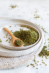 Dried mung beans on a plate with a wooden spoon