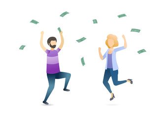 Fototapeta na wymiar Couple under cash rain flat vector illustration. Happy man and woman, rich people celebrating together cartoon characters. Lottery jackpot, profitable investment, financial success, wealth concept.