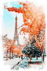 Fototapety  Piękne cyfrowe malarstwo akwarela wieży Eiffla w Paryżu, Francja.