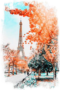 Beautiful Digital Watercolor Painting of the Eiffel Tower in Paris, France.	
