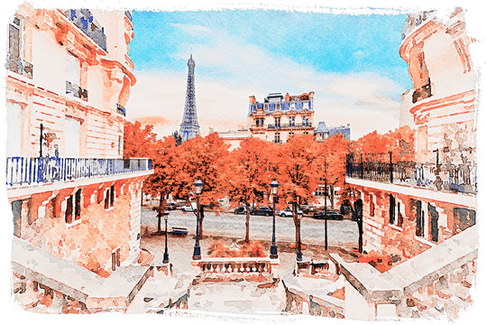 Beautiful Digital Watercolor Painting of the Eiffel Tower in Paris, France.	