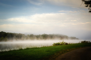 Misty morning on Uby lake, France