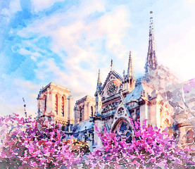Beautiful Digital Watercolor Painting of Notre Dame in Paris, France.	 - obrazy, fototapety, plakaty