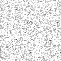 Seamless pattern with  cats and flowers in stained glass style, dark outlines  on a white background