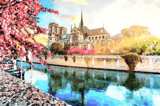 Beautiful Digital Watercolor Painting of Notre Dame in Paris, France.	