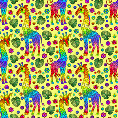 Seamless pattern with giraffs, bright rainbow animals, flowers and leaves on a yellow background