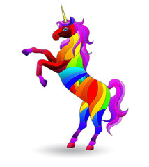Illustration in stained glass style with a bright rainbow unicorn isolated on a white background