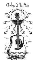 Guitars On The Beach. Graphic vector illustration with Guitar and water and seashells.