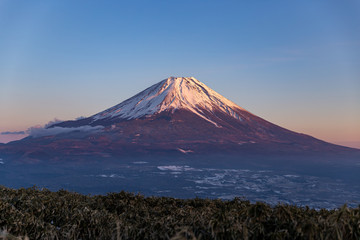 夕日を浴びる富士山