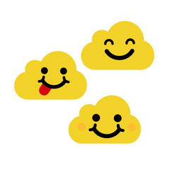 Clouds yellow cute emoji, smily emoticons faces set. Stock vector illustration isolated on white background.
